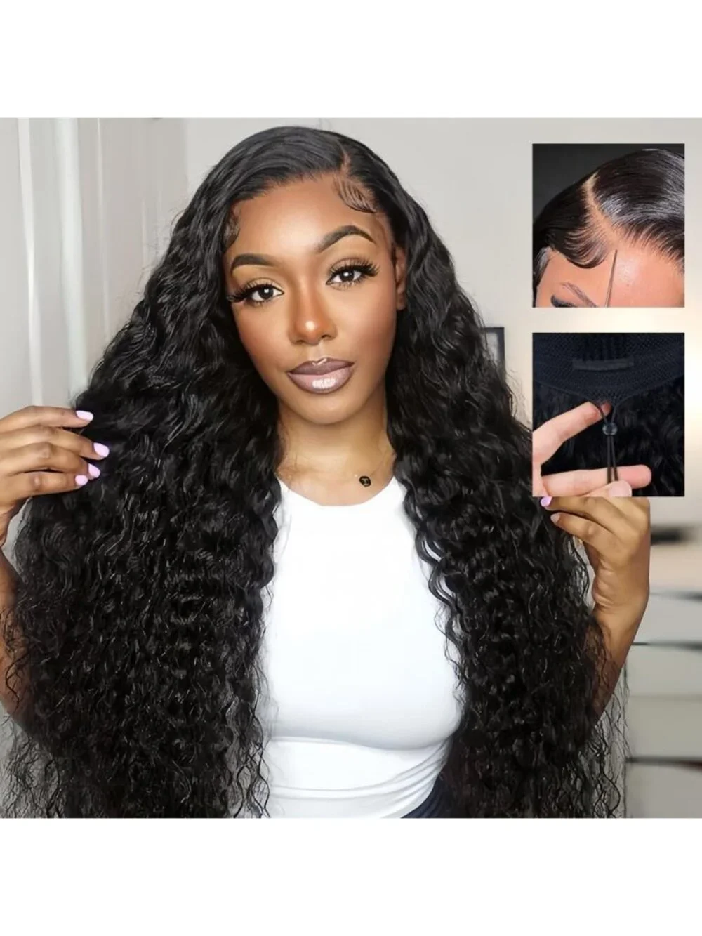24 Inch Deep Wave Glueless Human Hair Wig - Pre Plucked, 250% Density, Easy Wear